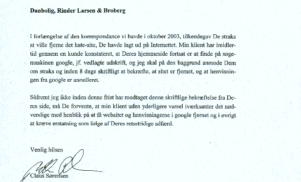 Trusselsbrev fra advokat Claus Sørensen for Danbolig  Herning